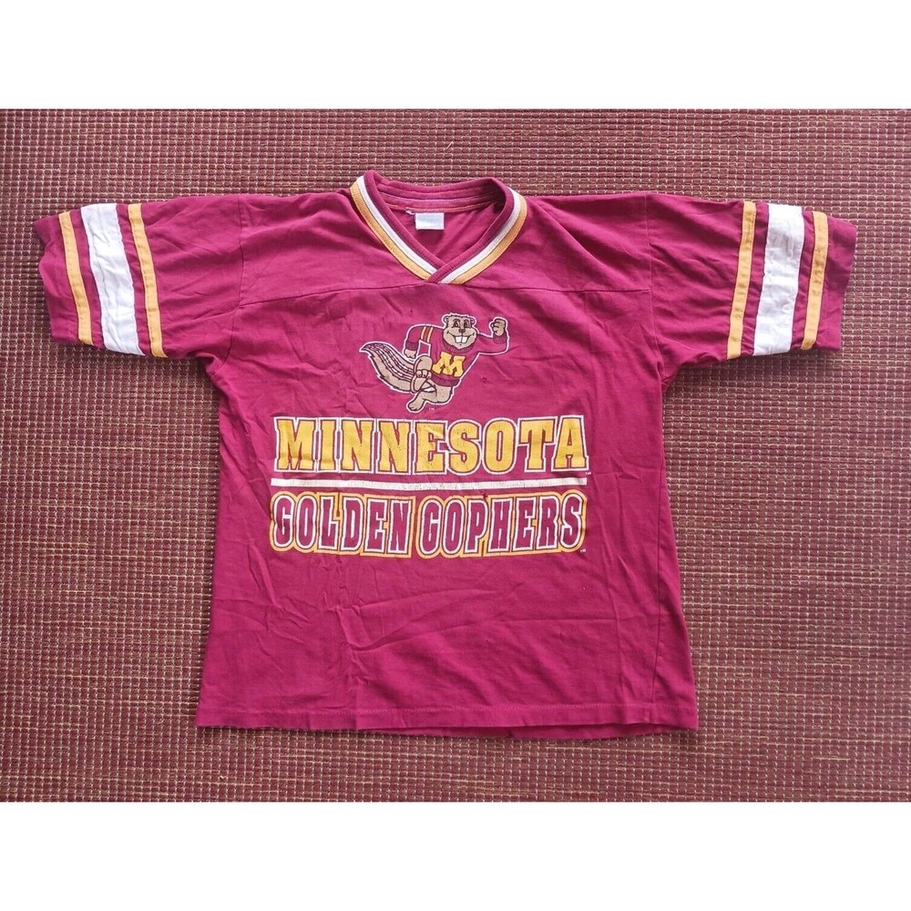 Vtg Minnesota Golden Gophers T-Shirt V Neck Boys L 14/16 Womens Small Red Yellow